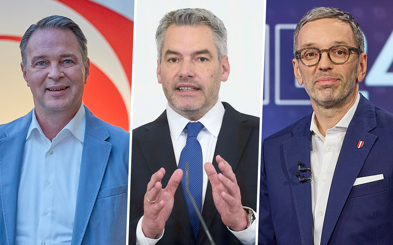 Sie kämpfen um das Amt des Bundeskanzlers: Andreas Babler (SPÖ), Noch-Bundeskanzler Karl Nehammer (ÖVP), Herbert Kickl (FPÖ, v.l.n.r.)